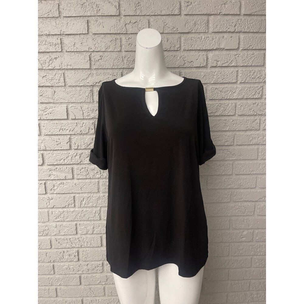 Susan Graver Women Black Knit Folded Cuff Blouse/Top Size S